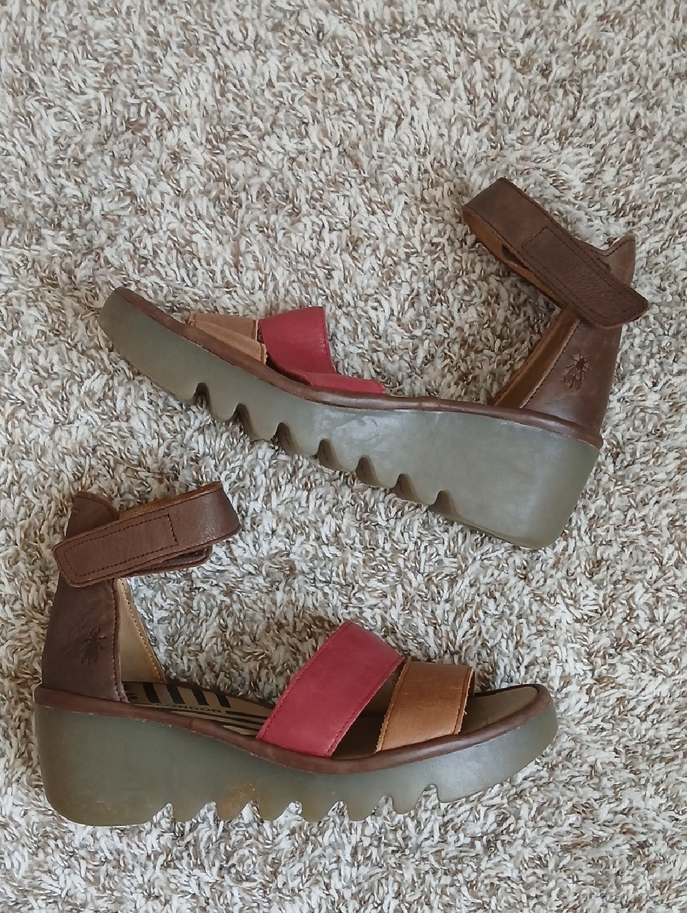 Fly London Yala Wedge Sandals Size 40 Leather Platform Pink Tan Brown